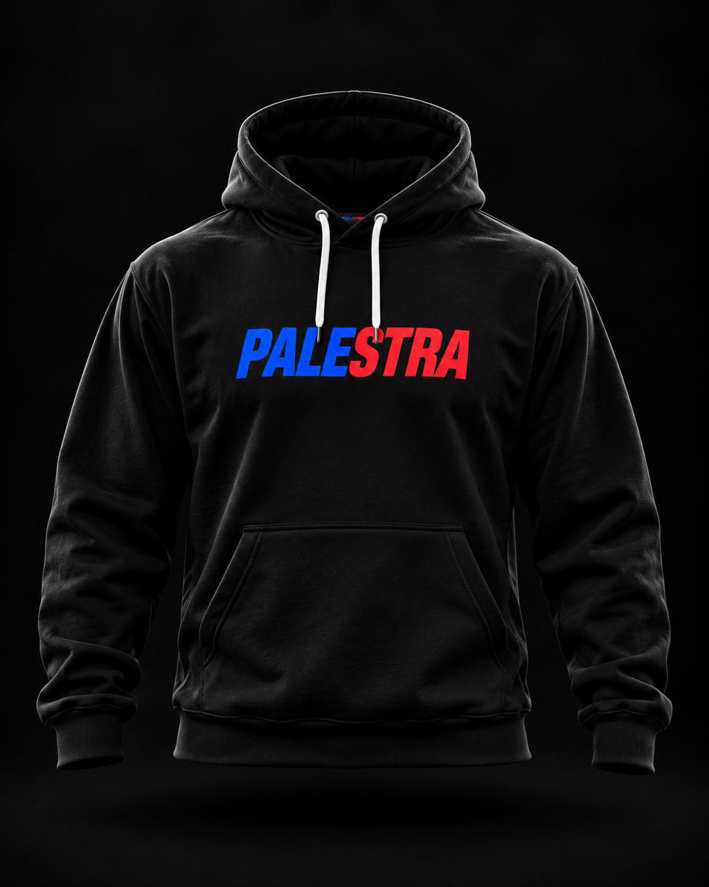 Black PALESTRA hoodie with blue and red chest logo, front view on a dark background