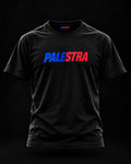 Black PALESTRA T-shirt with blue and red chest logo, front view on a dark background