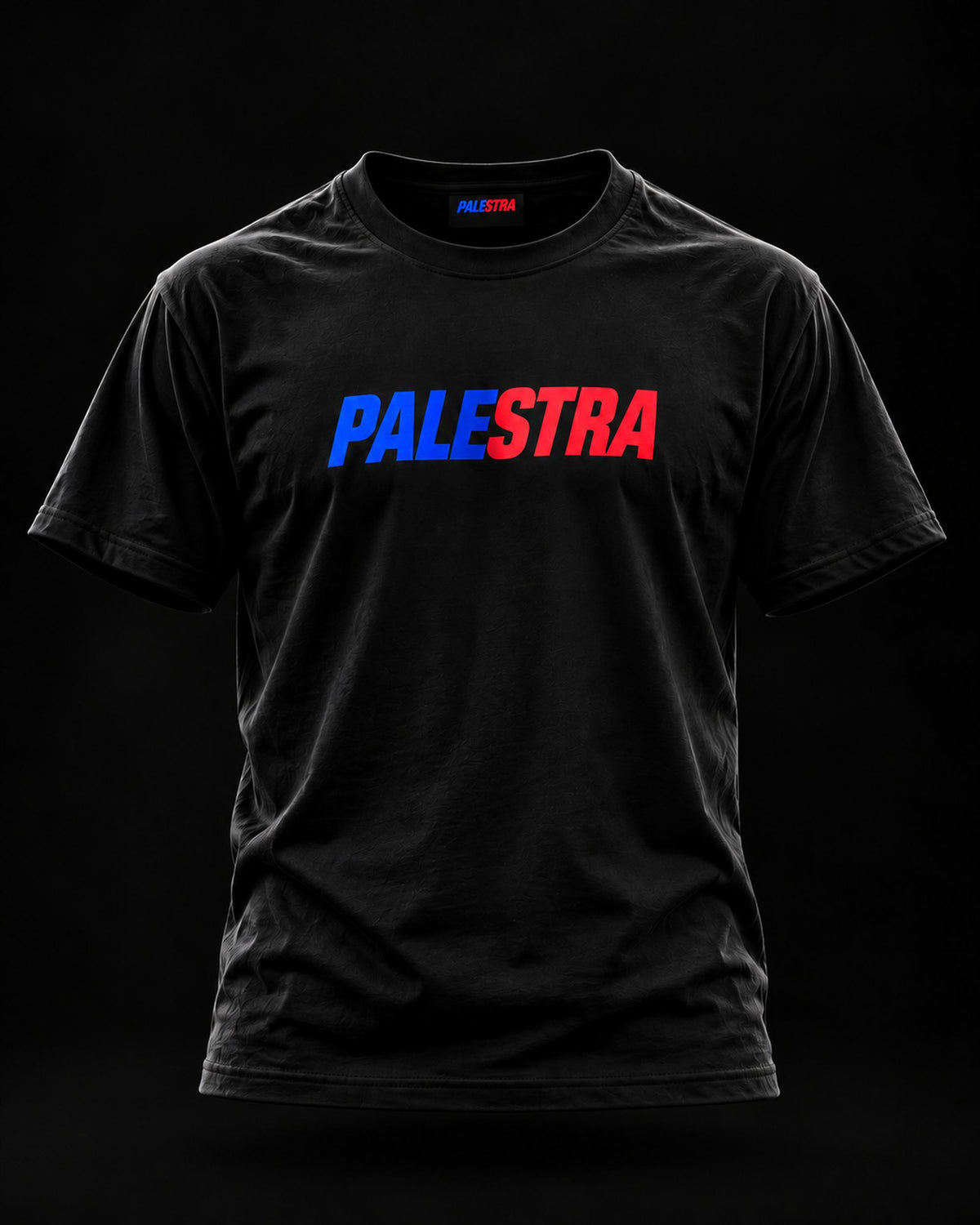 Black PALESTRA T-shirt with blue and red chest logo, front view on a dark background